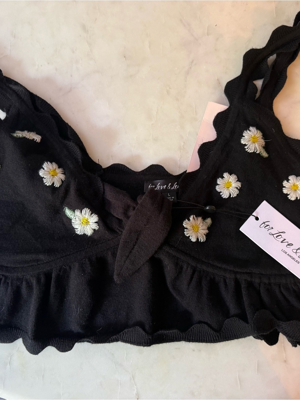 NWT - For Love & Lemons Black Daisy Embroidered Bra Top